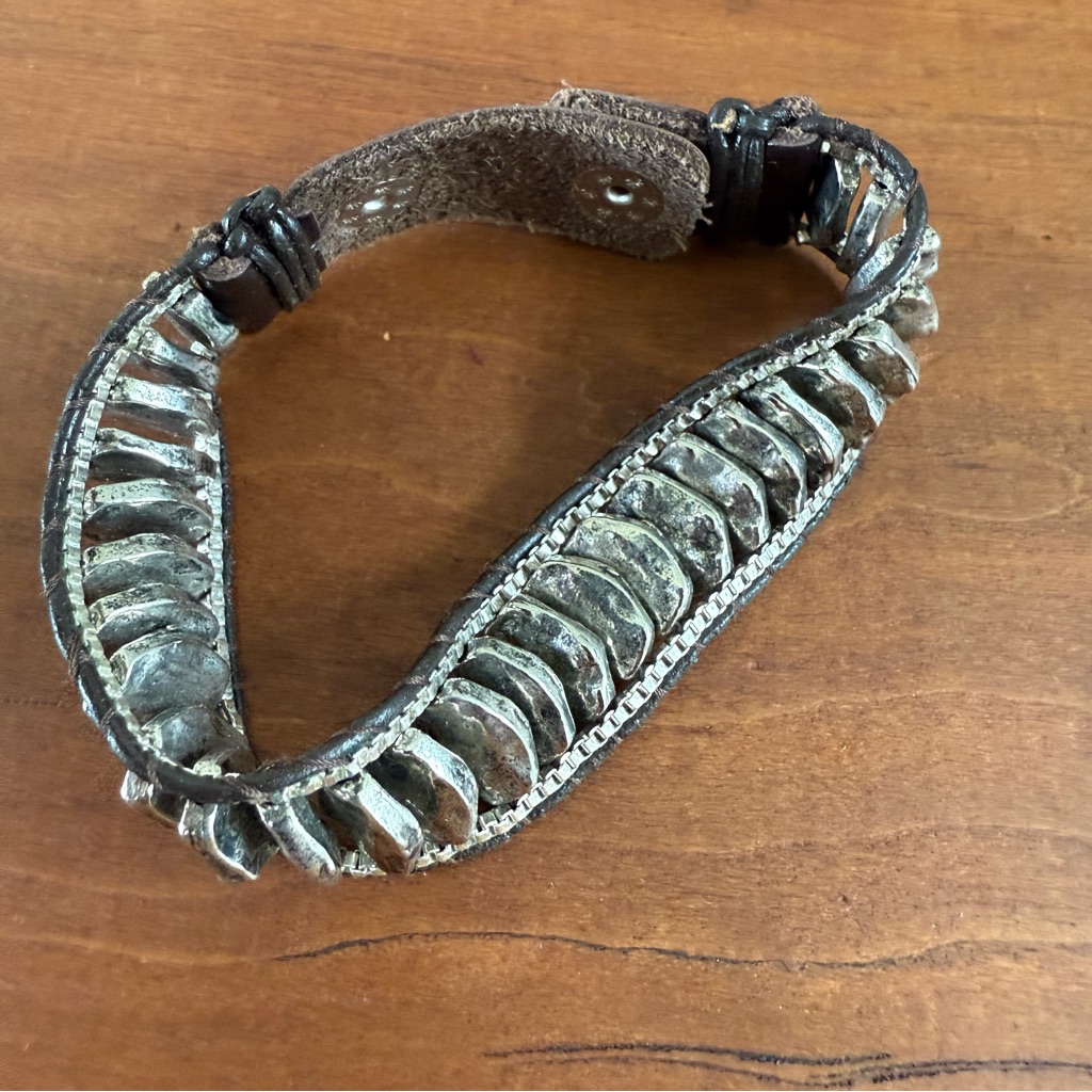 Silver And Brown Leather Bracelet Snap Beaded Bracelet Unisex